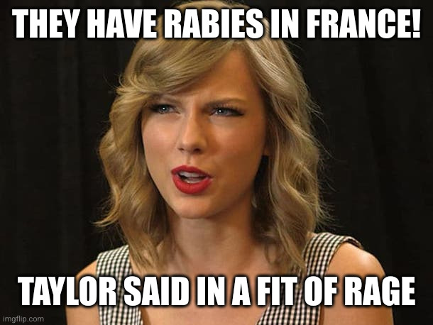 Taylor Swiftie | THEY HAVE RABIES IN FRANCE! TAYLOR SAID IN A FIT OF RAGE | image tagged in taylor swiftie | made w/ Imgflip meme maker