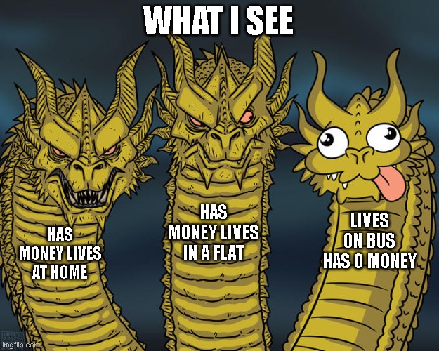 WHAT I SEE HAS MONEY LIVES AT HOME HAS MONEY LIVES IN A FLAT LIVES ON BUS HAS 0 MONEY | image tagged in three-headed dragon | made w/ Imgflip meme maker