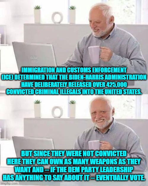 If it were a bad idea the Dem Party's leadership wouldn't have done it, right? | IMMIGRATION AND CUSTOMS ENFORCEMENT (ICE) DETERMINED THAT THE BIDEN-HARRIS ADMINISTRATION HAVE DELIBERATELY RELEASED OVER 425,000 CONVICTED CRIMINAL ILLEGALS INTO THE UNITED STATES. BUT SINCE THEY WERE NOT CONVICTED HERE THEY CAN OWN AS MANY WEAPONS AS THEY WANT AND -- IF THE DEM PARTY LEADERSHIP HAS ANYTHING TO SAY ABOUT IT -- EVENTUALLY VOTE. | image tagged in yep | made w/ Imgflip meme maker