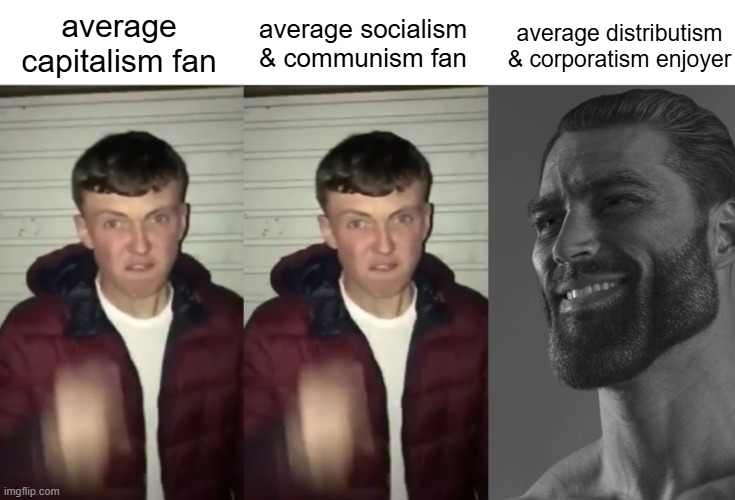 capitalism, socialism and communism is not good for economy | average capitalism fan; average socialism & communism fan; average distributism & corporatism enjoyer | image tagged in average fan vs average fan vs average enjoyer,corporatism,distributism,capitalism,socialism,communism | made w/ Imgflip meme maker