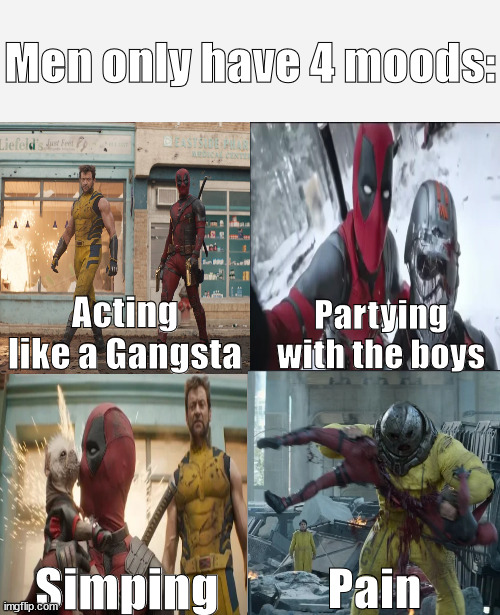 Deadpool and his 4 moods | Men only have 4 moods:; Acting like a Gangsta; Partying with the boys; Pain; Simping | image tagged in table chart,deadpool | made w/ Imgflip meme maker