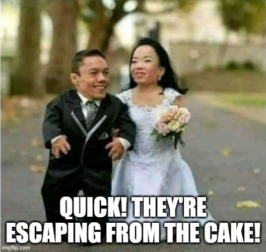 Little Wedding | QUICK! THEY'RE ESCAPING FROM THE CAKE! | image tagged in dark humor | made w/ Imgflip meme maker