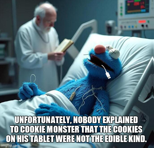 Cookie Monster Dies | UNFORTUNATELY, NOBODY EXPLAINED TO COOKIE MONSTER THAT THE COOKIES ON HIS TABLET WERE NOT THE EDIBLE KIND. | image tagged in memes,cookie monster,dead,electronics,choking,fun | made w/ Imgflip meme maker