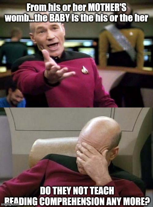 Picard WTF and Facepalm combined | From his or her MOTHER'S womb...the BABY is the his or the her DO THEY NOT TEACH READING COMPREHENSION ANY MORE? | image tagged in picard wtf and facepalm combined | made w/ Imgflip meme maker