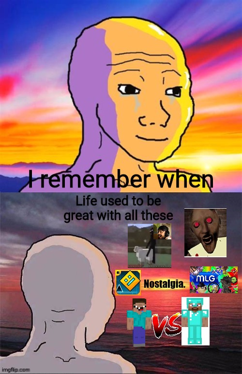 Nostalgia. | I remember when; Life used to be great with all these; Nostalgia. | image tagged in wojak nostalgia,nostalgia,mlg,funny,memes | made w/ Imgflip meme maker