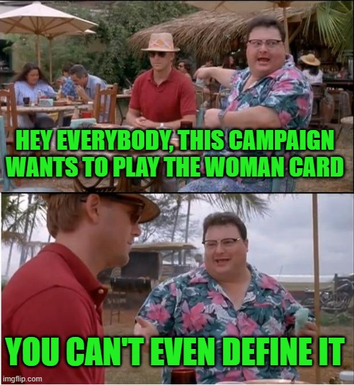 See Nobody Cares Meme | HEY EVERYBODY, THIS CAMPAIGN WANTS TO PLAY THE WOMAN CARD; YOU CAN'T EVEN DEFINE IT | image tagged in memes,see nobody cares | made w/ Imgflip meme maker