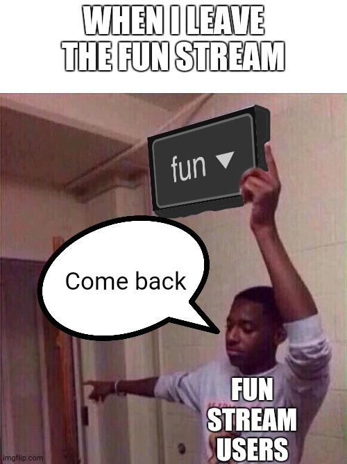 Me when i leave the fun stream | WHEN I LEAVE THE FUN STREAM; Come back; FUN STREAM USERS | image tagged in go back to fun stream | made w/ Imgflip meme maker