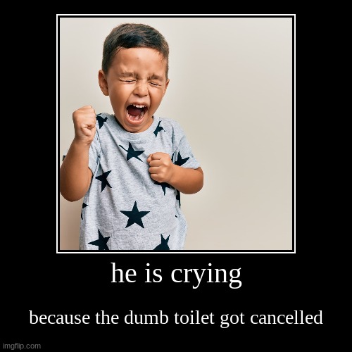 First demotional for the stream!! =D | he is crying | because the dumb toilet got cancelled | image tagged in funny,demotivationals | made w/ Imgflip demotivational maker