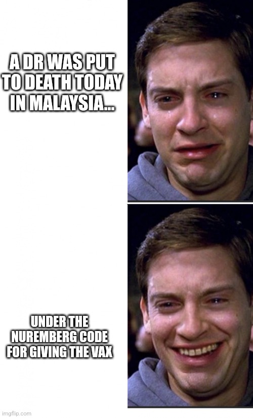 Peter Parker crying/happy | A DR WAS PUT TO DEATH TODAY IN MALAYSIA... UNDER THE NUREMBERG CODE FOR GIVING THE VAX | image tagged in peter parker crying/happy,funny memes | made w/ Imgflip meme maker