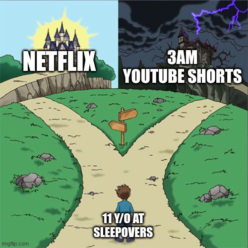 its true | 3AM YOUTUBE SHORTS; NETFLIX; 11 Y/O AT SLEEPOVERS | image tagged in two paths,funny | made w/ Imgflip meme maker