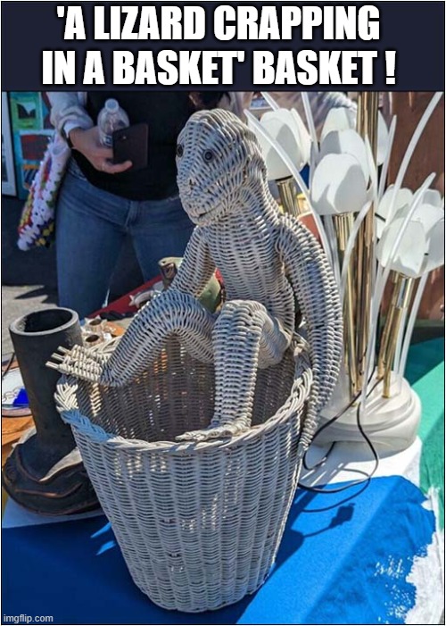 Another Delightful Example Of The Art Of Basket Weaving ! | 'A LIZARD CRAPPING IN A BASKET' BASKET ! | image tagged in basket,weaving,lizard | made w/ Imgflip meme maker