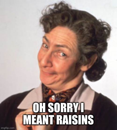 Father Ted - Mrs Doyle | OH SORRY I MEANT RAISINS | image tagged in father ted - mrs doyle | made w/ Imgflip meme maker