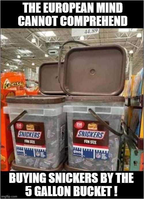 I Wonder Where This Can Be ? | THE EUROPEAN MIND
CANNOT COMPREHEND; BUYING SNICKERS BY THE
5 GALLON BUCKET ! | image tagged in snicker,bucket,obesity,dark humour | made w/ Imgflip meme maker