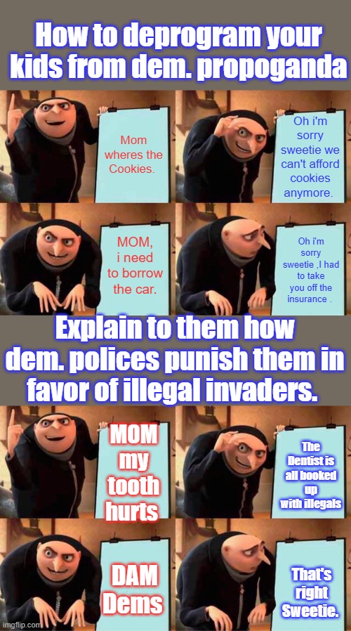 When the DEM policies started to ask kids to rat on thier own parents, i knew things were changing. | How to deprogram your kids from dem. propoganda; Oh i'm sorry sweetie we can't afford cookies anymore. Mom wheres the Cookies. MOM, i need to borrow the car. Oh i'm sorry sweetie ,I had to take you off the insurance . Explain to them how dem. polices punish them in favor of illegal invaders. MOM my tooth hurts; The Dentist is all booked up with illegals; DAM Dems; That's right Sweetie. | image tagged in memes,gru's plan | made w/ Imgflip meme maker