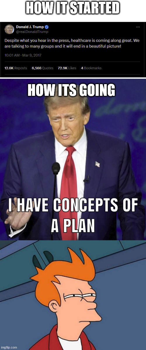 From Solid to Concepts.... | HOW IT STARTED; HOW ITS GOING | image tagged in trump concepts of a plan,fry-suspects | made w/ Imgflip meme maker