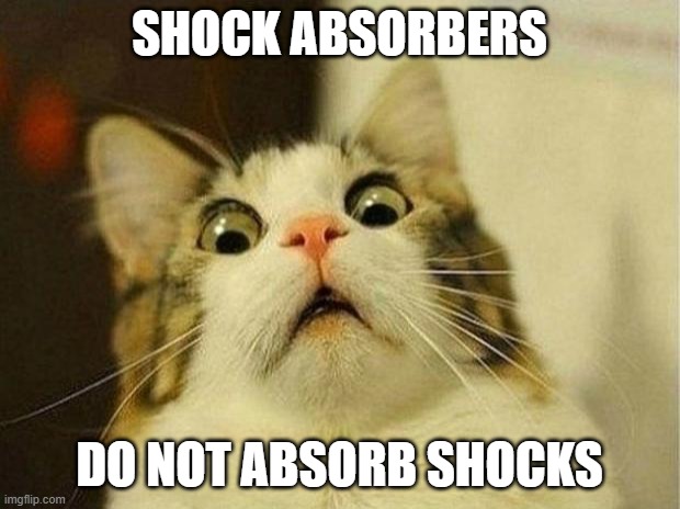 Shocked cat absorber | SHOCK ABSORBERS; DO NOT ABSORB SHOCKS | image tagged in memes,scared cat,cars,road,paradox,irony | made w/ Imgflip meme maker