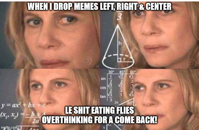 Comeback! | WHEN I DROP MEMES LEFT, RIGHT & CENTER; LE SHIT EATING FLIES OVERTHINKING FOR A COME BACK! | image tagged in math lady/confused lady,confused,over thinking,out classed,too much | made w/ Imgflip meme maker