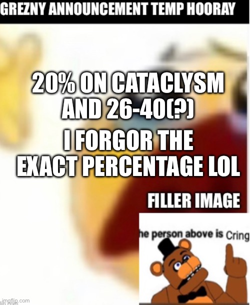 Going at the speed of light with this one | 20% ON CATACLYSM AND 26-40(?); I FORGOR THE EXACT PERCENTAGE LOL | made w/ Imgflip meme maker