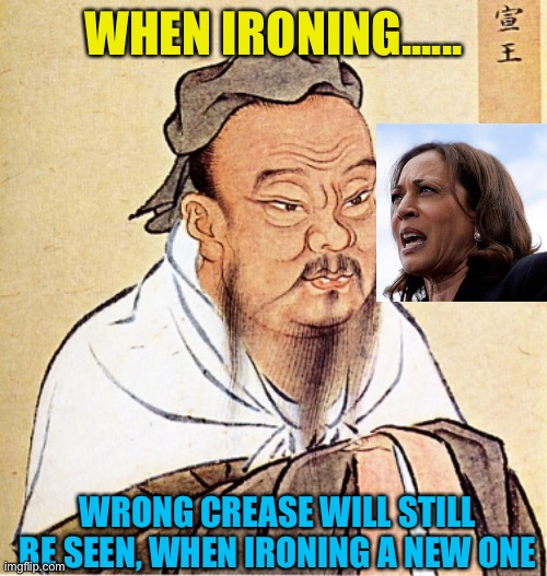 A socialist doesn’t change their spots | WHEN IRONING...... WRONG CREASE WILL STILL BE SEEN, WHEN IRONING A NEW ONE | image tagged in confucius says,democrats,kamala harris,flip flops,radical,socialist | made w/ Imgflip meme maker