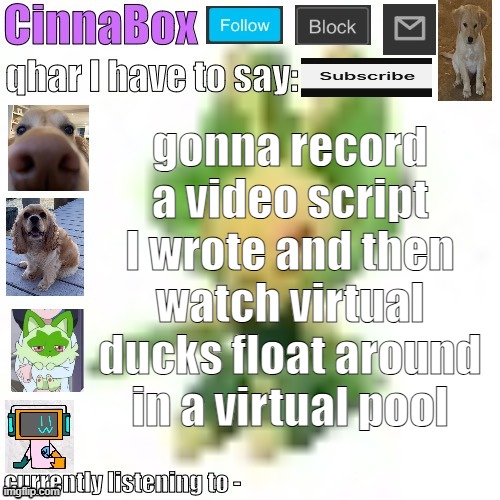 CinnaBox’s 144p Leavanny temp | gonna record a video script I wrote and then watch virtual ducks float around in a virtual pool | image tagged in cinnabox s 144p leavanny temp | made w/ Imgflip meme maker
