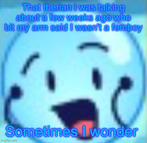 goober | That therian i was talking about a few weeks ago who bit my arm said I wasn't a femboy; Sometimes I wonder | image tagged in goober | made w/ Imgflip meme maker