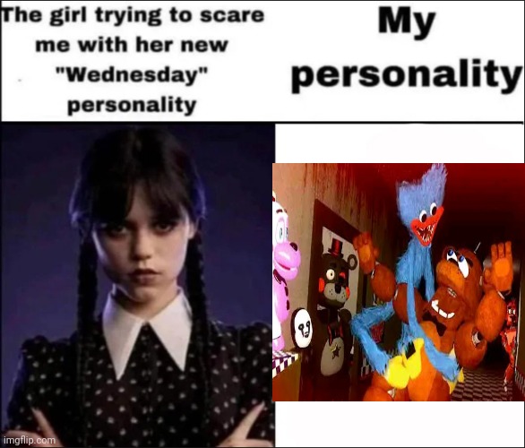 The girl trying to scare me with her new Wednesday personality | image tagged in the girl trying to scare me with her new wednesday personality | made w/ Imgflip meme maker