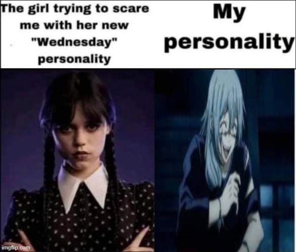 The girl trying to scare me with her new Wednesday personality | image tagged in the girl trying to scare me with her new wednesday personality | made w/ Imgflip meme maker