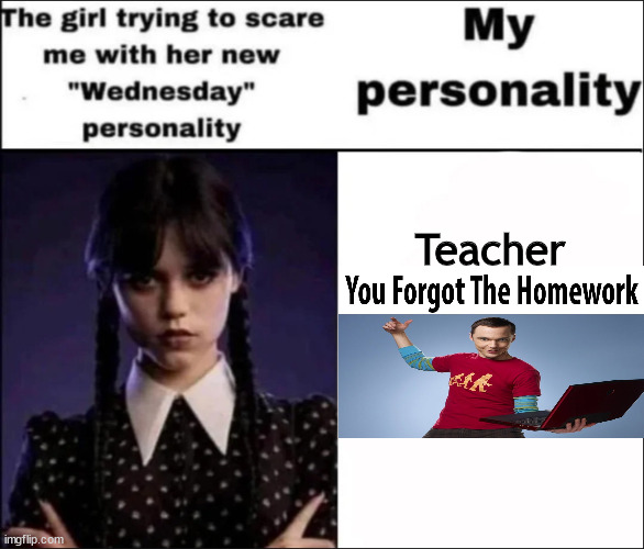 The girl trying to scare me with her new Wednesday personality | Teacher | image tagged in the girl trying to scare me with her new wednesday personality | made w/ Imgflip meme maker