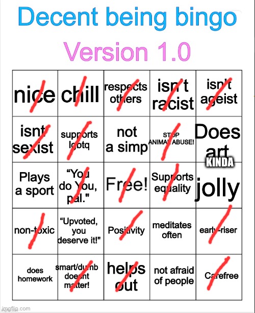 filling this out again as if I haven’t done so like 3 times | KINDA | image tagged in decent being bingo | made w/ Imgflip meme maker