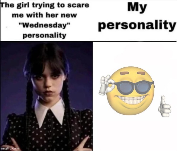 The girl trying to scare me with her new Wednesday personality | image tagged in the girl trying to scare me with her new wednesday personality | made w/ Imgflip meme maker