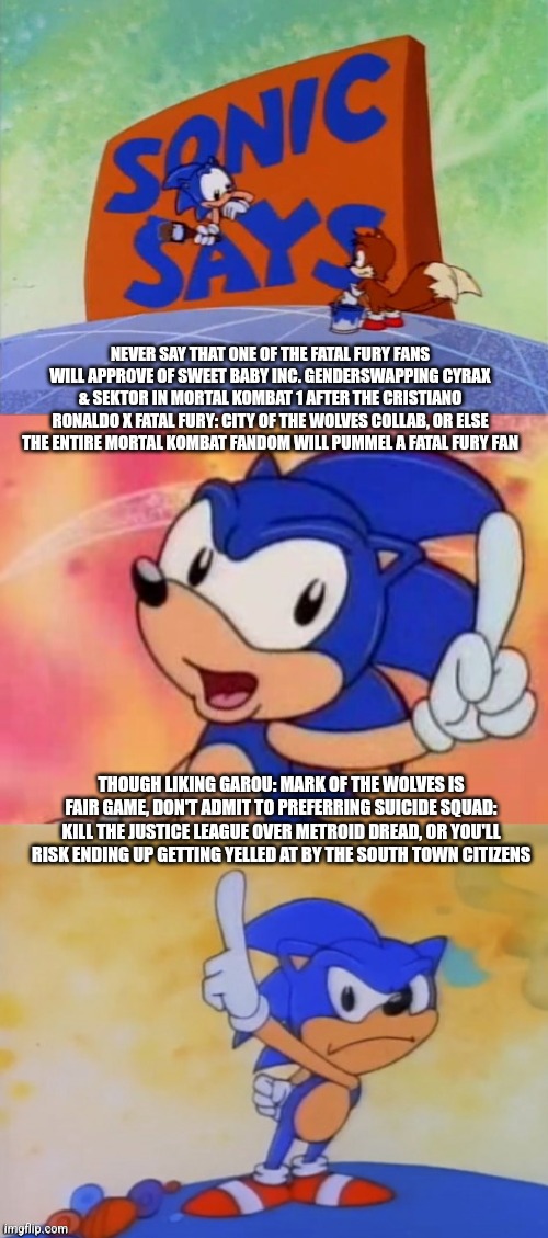 Sonic Sez | NEVER SAY THAT ONE OF THE FATAL FURY FANS WILL APPROVE OF SWEET BABY INC. GENDERSWAPPING CYRAX & SEKTOR IN MORTAL KOMBAT 1 AFTER THE CRISTIANO RONALDO X FATAL FURY: CITY OF THE WOLVES COLLAB, OR ELSE THE ENTIRE MORTAL KOMBAT FANDOM WILL PUMMEL A FATAL FURY FAN; THOUGH LIKING GAROU: MARK OF THE WOLVES IS FAIR GAME, DON'T ADMIT TO PREFERRING SUICIDE SQUAD: KILL THE JUSTICE LEAGUE OVER METROID DREAD, OR YOU'LL RISK ENDING UP GETTING YELLED AT BY THE SOUTH TOWN CITIZENS | image tagged in sonic sez,mortal kombat,cristiano ronaldo,sweet baby inc,fatal fury,metroid | made w/ Imgflip meme maker