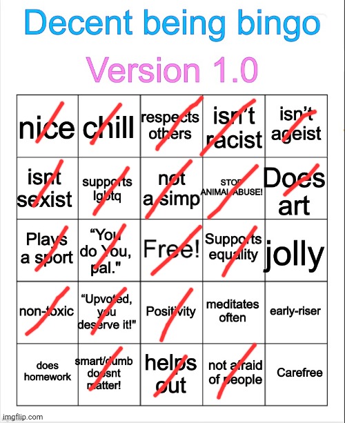 Decent being bingo | image tagged in decent being bingo | made w/ Imgflip meme maker