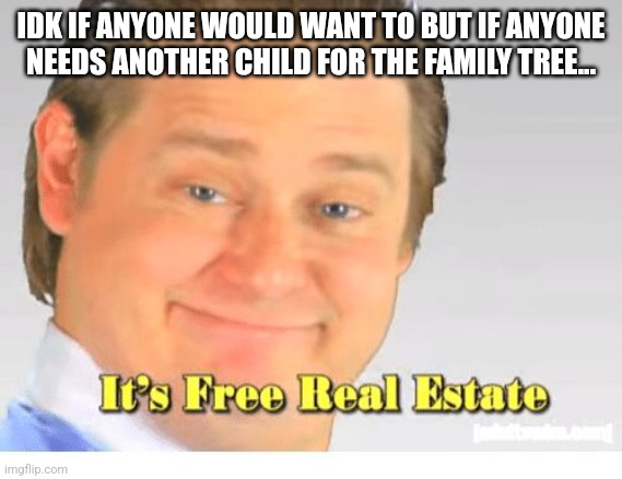 You get bored enough, you find a legitimate use for some temps | IDK IF ANYONE WOULD WANT TO BUT IF ANYONE NEEDS ANOTHER CHILD FOR THE FAMILY TREE... | image tagged in it's free real estate | made w/ Imgflip meme maker