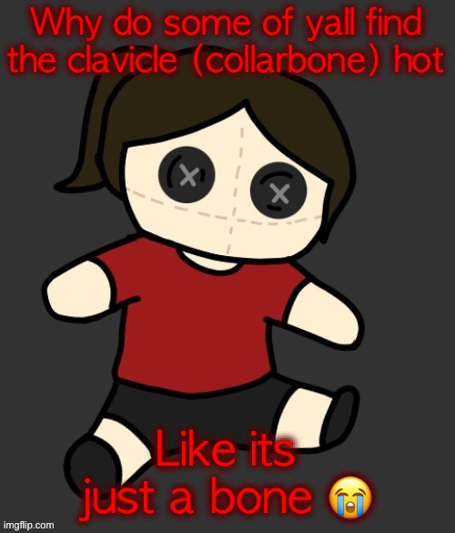 Dea plushie (thanks Disco) | Why do some of yall find the clavicle (collarbone) hot; Like its just a bone 😭 | image tagged in dea plushie thanks disco | made w/ Imgflip meme maker