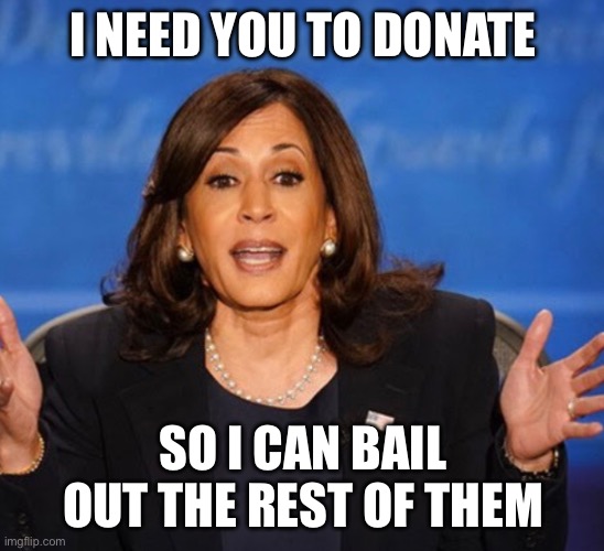 Kamala Harris | I NEED YOU TO DONATE SO I CAN BAIL OUT THE REST OF THEM | image tagged in kamala harris | made w/ Imgflip meme maker