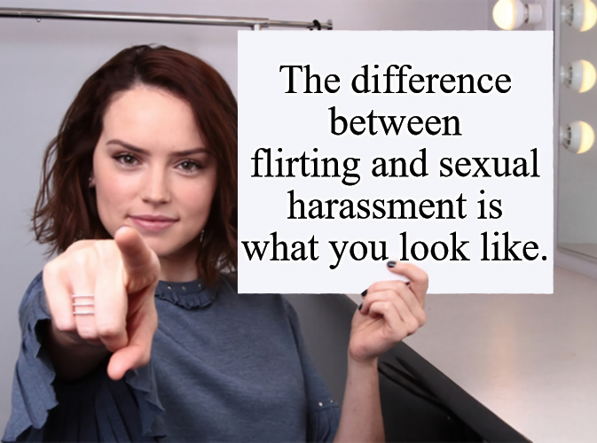 Handsome = Flirting Ugly = Sexual Harassment | The difference between flirting and sexual harassment is what you look like. | image tagged in daisy ridley with a blank sign pointing at you tilt corrected | made w/ Imgflip meme maker