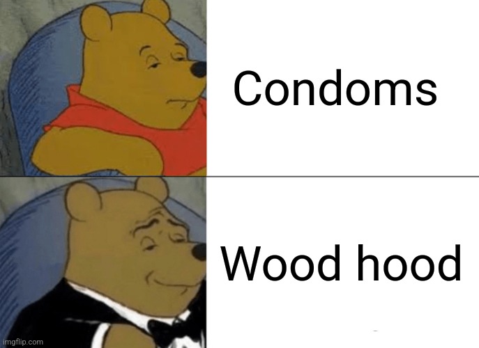 Wood hood a hood for your woody | Condoms; Wood hood | image tagged in memes,tuxedo winnie the pooh | made w/ Imgflip meme maker