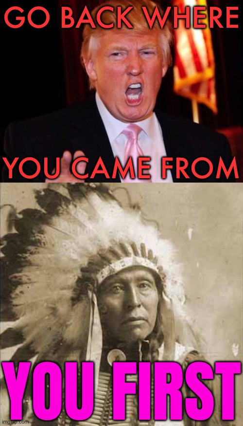 'Go Back Where You Came From' | GO BACK WHERE; YOU CAME FROM; YOU FIRST | image tagged in donald trump and native american,trump is a moron,trump is an asshole,native american,racism,scumbag america | made w/ Imgflip meme maker