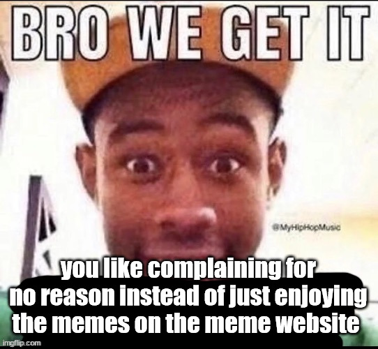 Bro we get it (blank) | you like complaining for no reason instead of just enjoying the memes on the meme website | image tagged in bro we get it blank | made w/ Imgflip meme maker