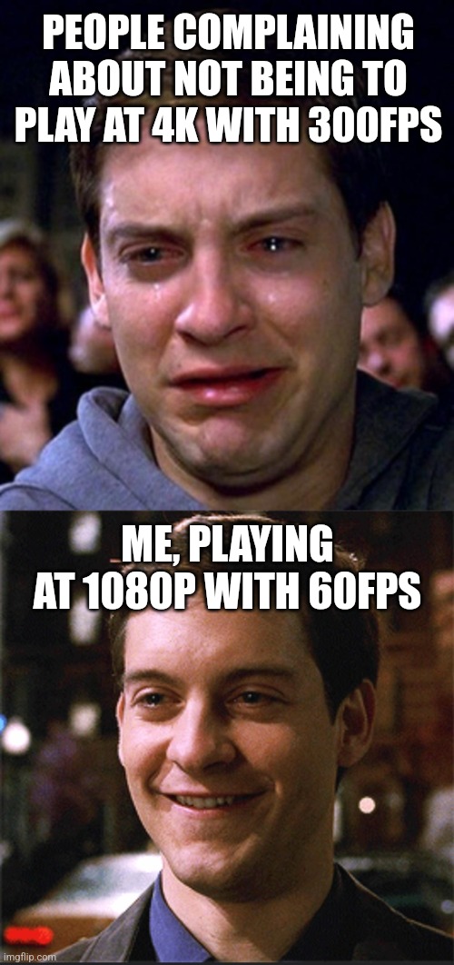 People crying with their 4090 and I'm just sitting here with my 3070 | PEOPLE COMPLAINING ABOUT NOT BEING TO PLAY AT 4K WITH 300FPS; ME, PLAYING AT 1080P WITH 60FPS | image tagged in crying peter parker,memes,computer,crybaby | made w/ Imgflip meme maker