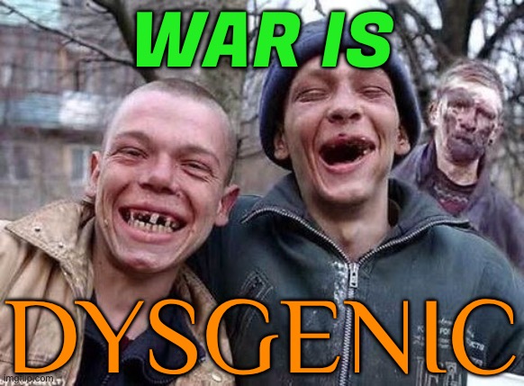 “War is dysgenic” | WAR IS; DYSGENIC | image tagged in memes hillbilly philosophy,philosopher,war,scumbag government,human evolution,human stupidity | made w/ Imgflip meme maker