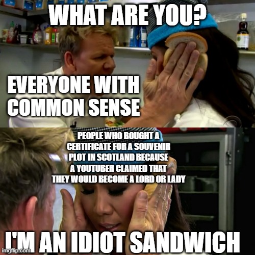 Gordon Ramsay Idiot Sandwich | WHAT ARE YOU? EVERYONE WITH COMMON SENSE; PEOPLE WHO BOUGHT A CERTIFICATE FOR A SOUVENIR PLOT IN SCOTLAND BECAUSE A YOUTUBER CLAIMED THAT THEY WOULD BECOME A LORD OR LADY; I'M AN IDIOT SANDWICH | image tagged in gordon ramsay idiot sandwich | made w/ Imgflip meme maker