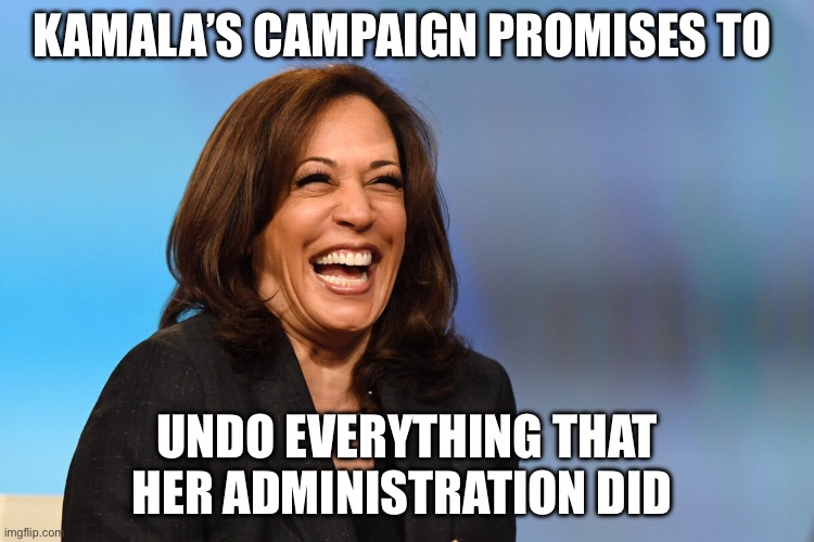 Kamala Harris laughing | KAMALA’S CAMPAIGN PROMISES TO; UNDO EVERYTHING THAT HER ADMINISTRATION DID | image tagged in kamala harris laughing,politics,political meme | made w/ Imgflip meme maker