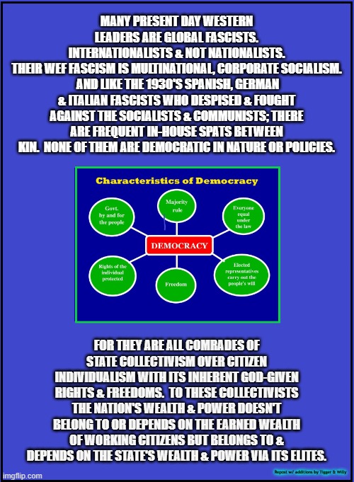 MANY PRESENT DAY WESTERN LEADERS ARE GLOBAL FASCISTS.
 INTERNATIONALISTS & NOT NATIONALISTS. 
THEIR WEF FASCISM IS MULTINATIONAL, CORPORATE SOCIALISM.  AND LIKE THE 1930'S SPANISH, GERMAN & ITALIAN FASCISTS WHO DESPISED & FOUGHT AGAINST THE SOCIALISTS & COMMUNISTS; THERE ARE FREQUENT IN-HOUSE SPATS BETWEEN KIN.  NONE OF THEM ARE DEMOCRATIC IN NATURE OR POLICIES. FOR THEY ARE ALL COMRADES OF STATE COLLECTIVISM OVER CITIZEN INDIVIDUALISM WITH ITS INHERENT GOD-GIVEN RIGHTS & FREEDOMS.  TO THESE COLLECTIVISTS THE NATION'S WEALTH & POWER DOESN'T BELONG TO OR DEPENDS ON THE EARNED WEALTH OF WORKING CITIZENS BUT BELONGS TO & DEPENDS ON THE STATE'S WEALTH & POWER VIA ITS ELITES. Repost w/ additions by Tigger & Willy | made w/ Imgflip meme maker