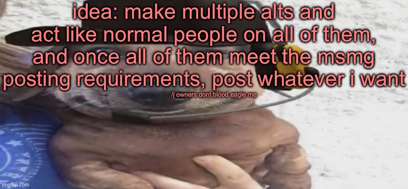 chucklenuts | idea: make multiple alts and act like normal people on all of them, and once all of them meet the msmg posting requirements, post whatever i want; /j owners dont blood eagle me | image tagged in chucklenuts | made w/ Imgflip meme maker