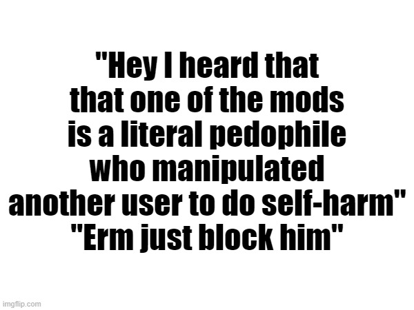 "Hey I heard that that one of the mods is a literal pedophile who manipulated another user to do self-harm"
"Erm just block him" | made w/ Imgflip meme maker