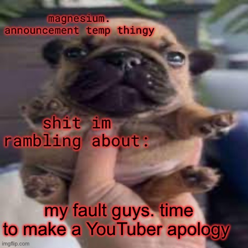 nah but seriously if u guys want a genuine apology or some shit tell me | my fault guys. time to make a YouTuber apology | image tagged in pug temp | made w/ Imgflip meme maker