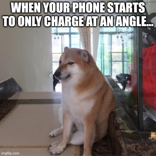 RIP... | WHEN YOUR PHONE STARTS TO ONLY CHARGE AT AN ANGLE... | image tagged in cheems,rip,phone,cell phone,charger,memes | made w/ Imgflip meme maker