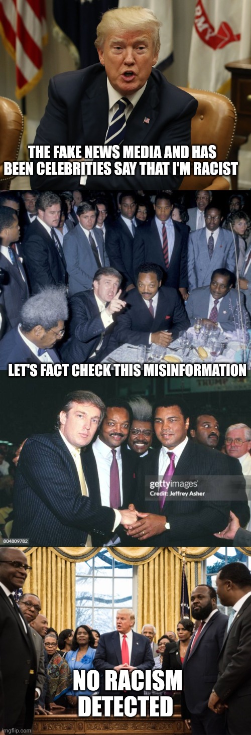 Donald Trump | THE FAKE NEWS MEDIA AND HAS BEEN CELEBRITIES SAY THAT I'M RACIST; LET'S FACT CHECK THIS MISINFORMATION; NO RACISM DETECTED | image tagged in racism | made w/ Imgflip meme maker