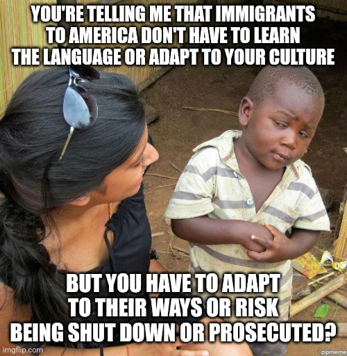 black kid | YOU'RE TELLING ME THAT IMMIGRANTS TO AMERICA DON'T HAVE TO LEARN THE LANGUAGE OR ADAPT TO YOUR CULTURE; BUT YOU HAVE TO ADAPT TO THEIR WAYS OR RISK BEING SHUT DOWN OR PROSECUTED? | image tagged in black kid | made w/ Imgflip meme maker